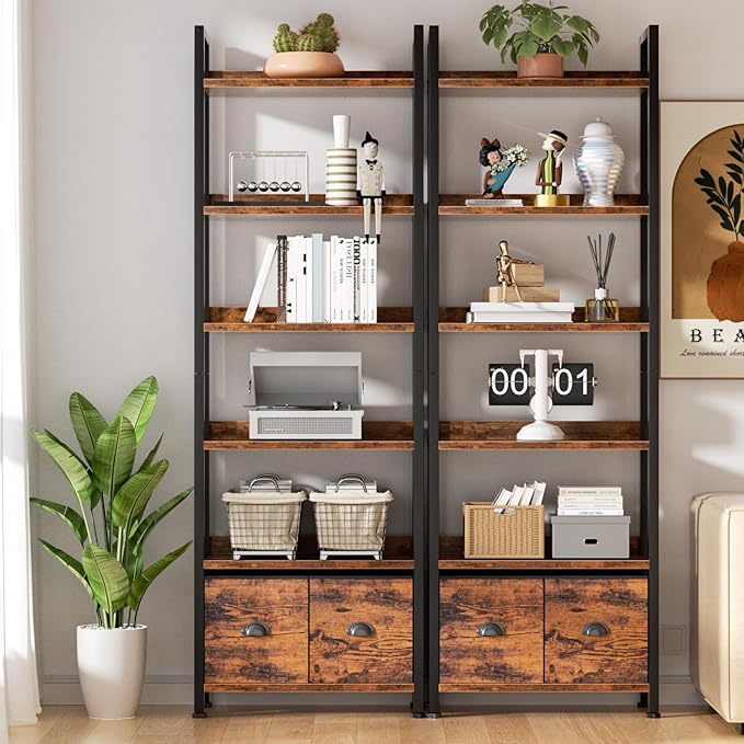 Furologee 6-Tier Bookshelf, Tall 71" Rustic Bookcase with 2 Drawers Storage Organizer, Industrial Display Free Standing Shelf Units, Wood and Metal Storage Rack for Home Office, Bedroom, Rustic Brown | Bookcase, 2 Drawers, Storage Organizer, Industrial...