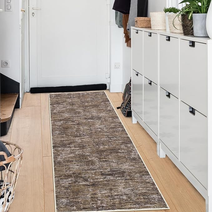 RUGSREAL Modern Runner Rug 2.5x8 Stain Resistant Washable Kitchen Runner Carpet ith Rubber Backing Low Pile Contemporary Solid Color Entryway Mat Ultra Soft Rug for Living Room Bedroom, Brown