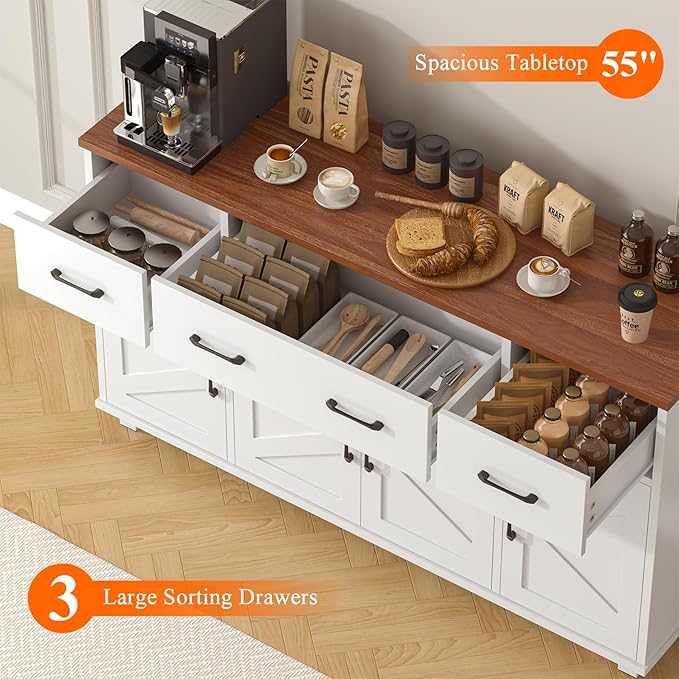 VVFLU 55" Sideboard Buffet Cabinet with Storage, Coffee Bar Cabinet with 3 Drawers and 4 Barn Doors, Long Storage Cabinet Modern Farmhouse, White Wood, for Kitchen, Dining Room, Living Room