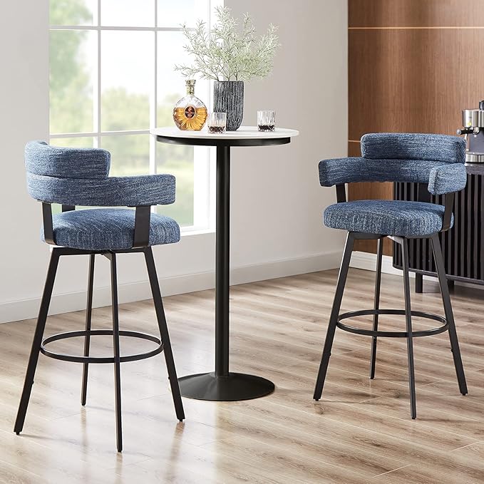 30 Inch Bar Stools Set of 2 with Full Back, Swivel Bar Chairs with Linen Padded Back, Metal Footrest, Modern Bar Height Stools for Kitchen Island, Dining, Living Room, Blue