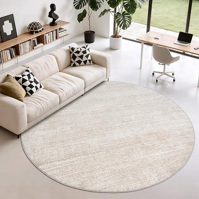 Valenrug Washable Round Area Rugs 8x8 - Stain Resistant 8ft Round Rugs for Living Room, Non Slip Backing Printed Rugs for Bedroom, Folable Machine Washable Area Rug (8ft, Beige)
