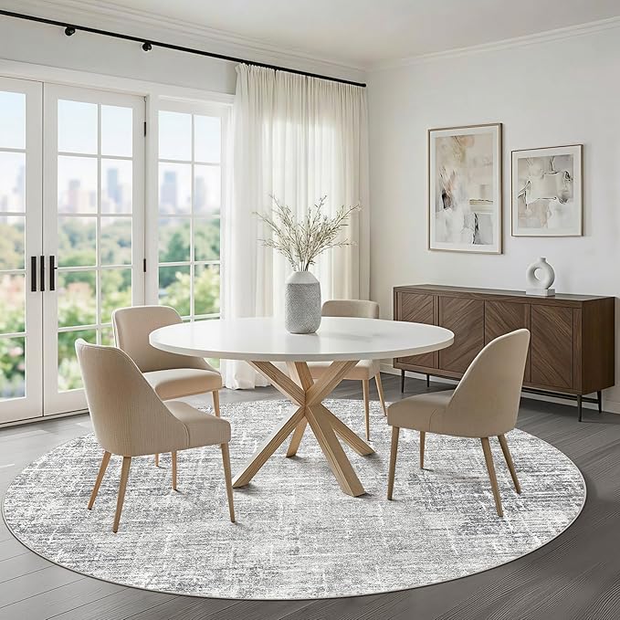 6ft Round Rug Living Room: 6x6 Washable Large Neutral Grey Circle Area Rug Abstract Soft Modern Stain Resistant Indoor Floor Non-Slip Carpet for Bedroom Nursery Kids Office Playroom Dining Room
