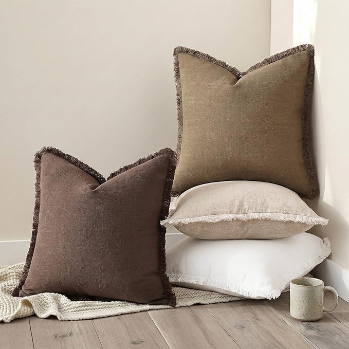 decorUhome Summer Decorative Neutral Linen Fringe Euro Sham Throw Pillow Covers Set of 2 Light Brown Pillow Covers with Tassels Soft Farmhouse Boho Accent Pillow Cases for Couch Bed Sofa 24x24 Inch