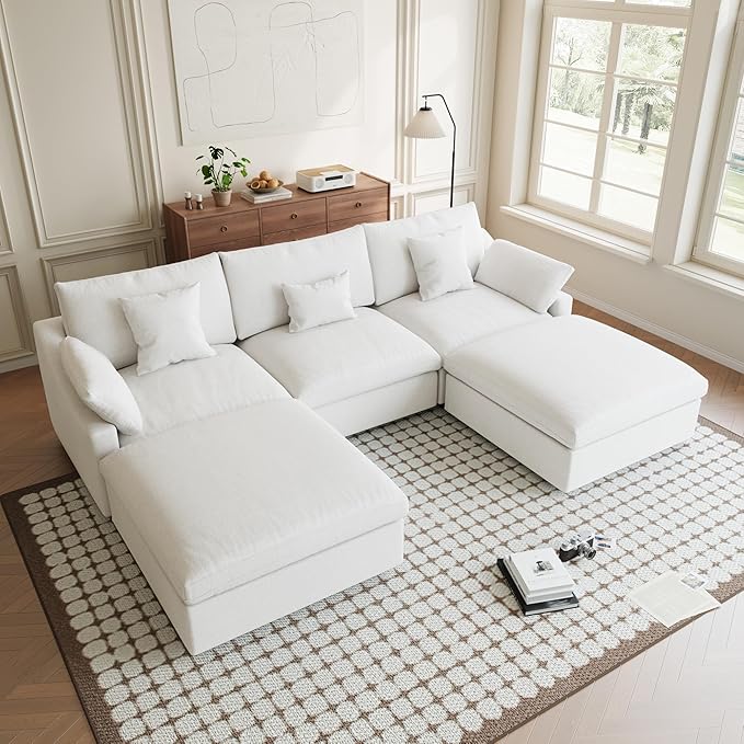 119" U Shape Cloud Modular Couches for Living Room, Modern Sectional Sofa with Chaise Ottomans, Deep Seat Couch Cushion Covers Washable&Removable, Sectional Sofas for Home Office Apartment (White)