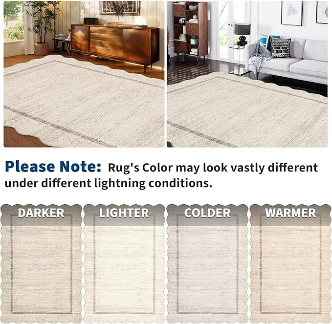 GarveeHome Scalloped Washable Rug 4x6, Beige Boho Living Room Area Rug, Bordered Non-Slip Farmhouse Bedroom Carpet Dorm Room Throw Rug, Low Pile Soft Accent Mat for Kitchen Entry Office 4'x6' Beige