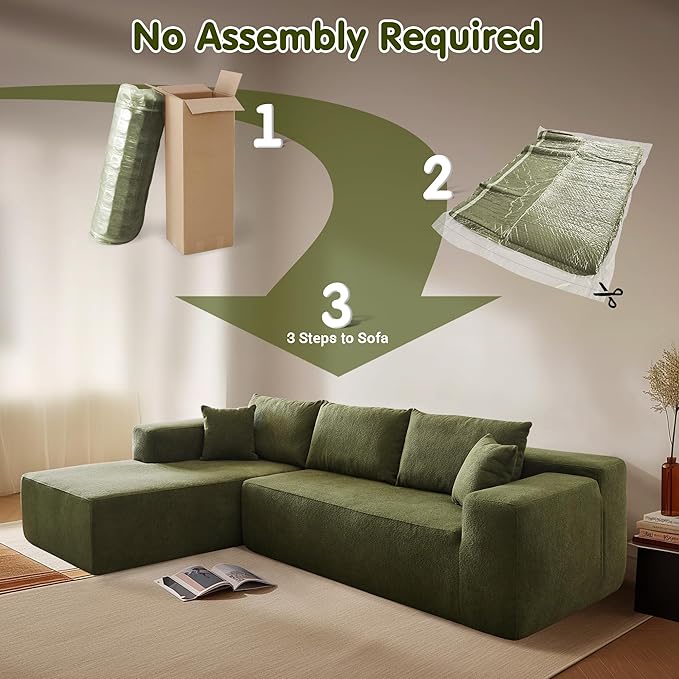 ovios 104" Cloud Boneless Couch with L-Shape Chaise,Modern Sectional Modular Sofa with Deep Seat, Upholstered Couches for Living Room Bedroom,No Assembly Required, Green (Cloud Velvet)