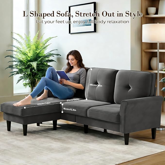 Welzona Sofas for Living Room, 83" Velvet Sectional Couch with Moveable Ottoman, Midcentury Modern Small Sectional Couch, L Shape Sofa & 3 Seater, Couches for Living Room, Apartment, Bedroom, Grey