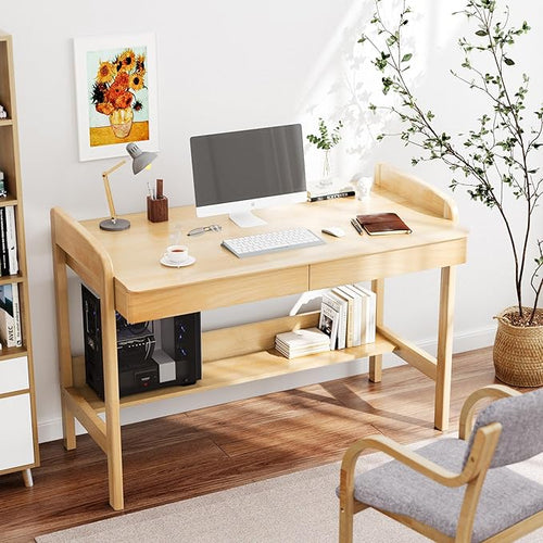 100% Solid Wood Desk with Drawers - 40 Inch Mid Century Modern Desk, Vintage Desks with Shelf, Adjustable Height Writing Computer Desks - Natural Oak