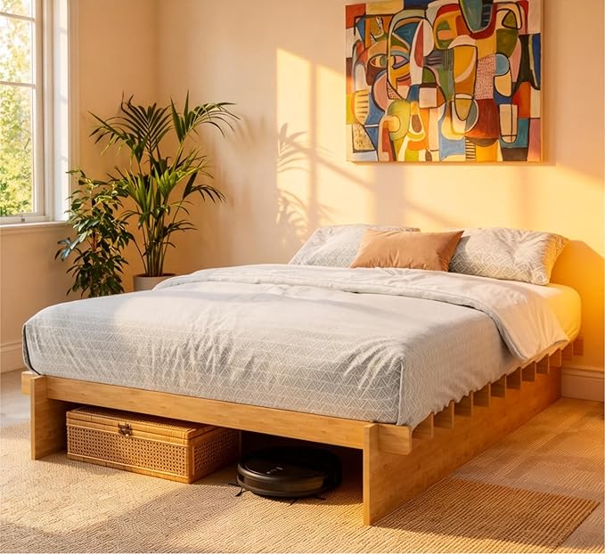 XIAO WEI King Wood Platform Bed Frame, King Size Bed Frame with Wood Slat Support, Japanese Joinery with 8" Under-Bed Storage, No-Tool Assembly, No Box Spring Needed, Noise Free, Natural