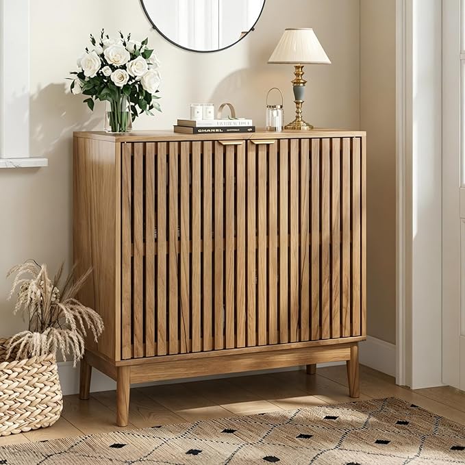 Kiasthome Wooden Sideboard Buffet Cabinet with Slatted Ventilation Doors & Adjustable Shelf, Sideboard Cabinet Storage Cabinet with Ample Storage for Dining Room Entryway (Natural Wood)