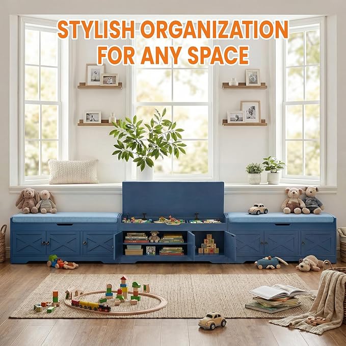 Farmhouse Shoe Storage Bench with Cushion Seat, 3-Tier Entryway Bench with Lift Top Storage and Adjustable Shelf, Bench for Hallway, Bedroom, Blue
