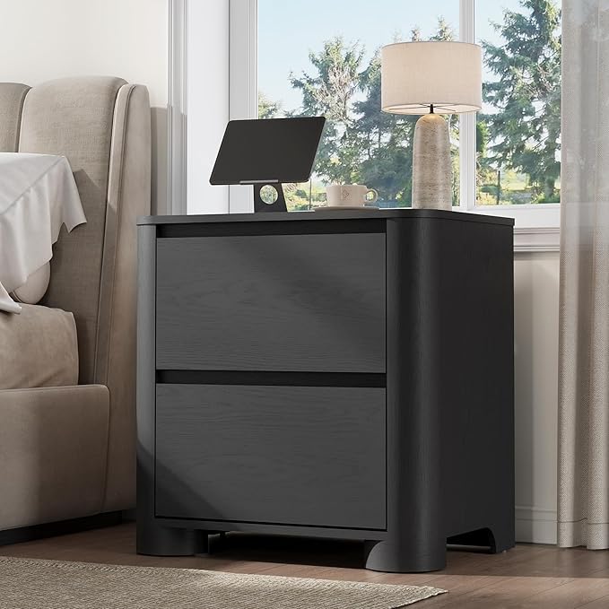 Black Nightstands Set of 2 with Charging Station, 23.6" Modern Night Stand with Unique Thickened Foot and 2 Storage Drawers, Bedside Table with Rounded Corner Design for Bedroom