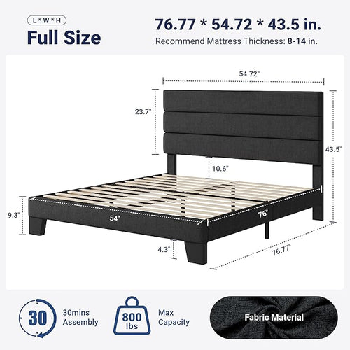 Allewie Full Size Platform Bed Frame with Fabric Upholstered Headboard and Wooden Slats Support, Fully Upholstered Mattress Foundation/No Box Spring Needed/Easy Assembly, Dark Grey