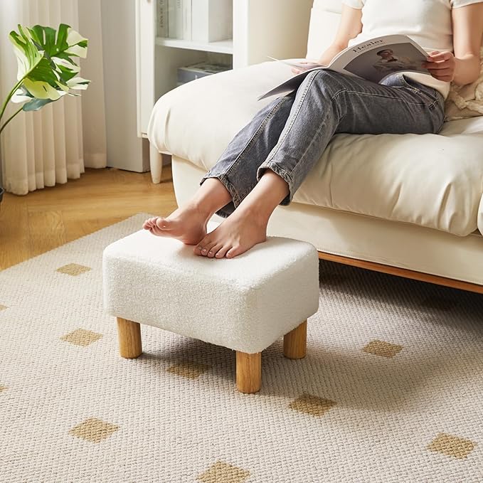 YMYNY Ottoman, Modern Footrest with Soft Padded Seat, Foot Stool with Wood Legs, Small Square Pouf Under Desk for Living Room Bedroom Office 15.74" D×11.41" W×9.84" H White UHBD030W