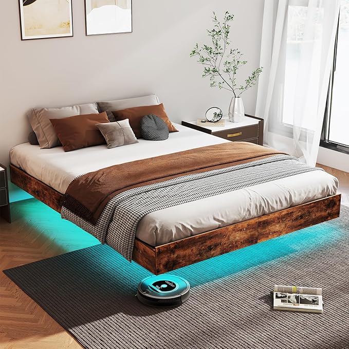 Floating Bed Frame King with LED Lights, Metal Platform King size Floating Bed Frame with Under Bed Storage, Heavy Duty Steel Slats Support, No Box Spring Needed, Noise Free, Easy Assembly, Brown
