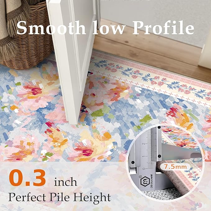 6x9 Washable Area Rug Pink Blue Living Room Bedroom Floral Throw Rug Abstract Modern Non Slip Soft Low Pile Carpet for Dining Room Office Nursery Indoor