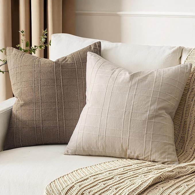 MIULEE Decorative Linen Check Euro Shams Throw Pillow Covers Neutral Farmhouse Vintage Pillow Covers 22x22 Set of 2 Boho Modern Home Decor for Sofa Couch Bedroom Cushion Natural Beige