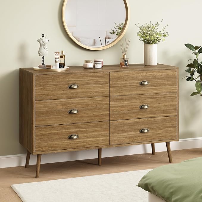 CARPETNAL Dresser for Bedroom Wide Mid Century Modern Chest of Drawers,Wooden Bedroom Dresser with 6 Storage Drawers for Living Room,Oak