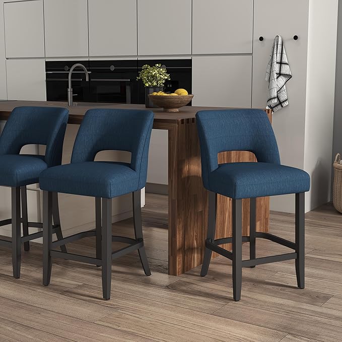 VKNOW Bar Stools Set of 2, Modern Counter Height Bar Stools, 26" Upholstered Counter Stools with Black Wood Legs for Kitchen Island Dining Room Bar, Blue-Black Legs