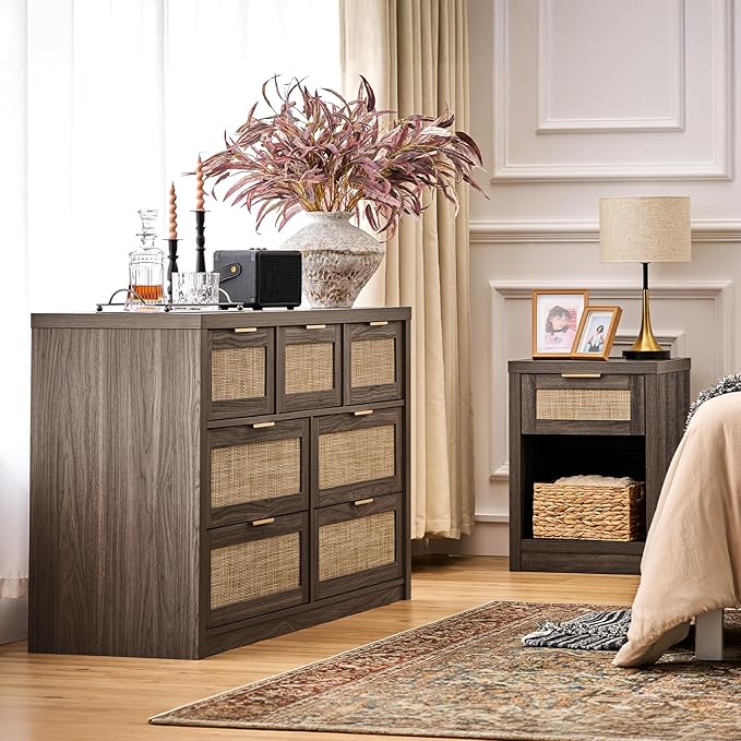 Walsham Night Stand Set 2, Rattan Nightstand with Charging Station, Modern End Table with Drawers, Bed Side Tables Set of 2 for Bedroom Living Room Sofa Couch Office (Midnight Oak)