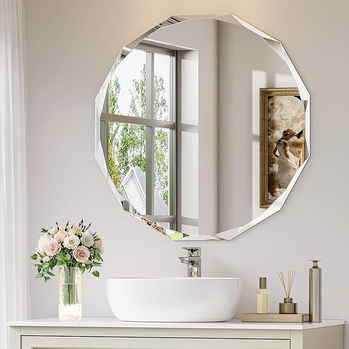 30 Inch Large Faceted Round Wall Mirror, Diamond-Beveled Circle Bathroom Mirror with Solid Backing, Big Sparkle Decor Mirror for Living Room, Fireplace & Master Vanity