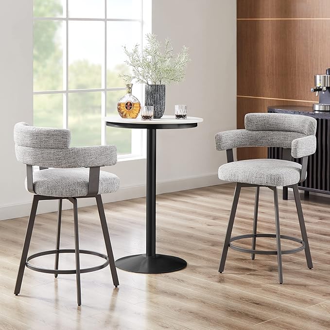 Counter Height Bar Stools with Full Back – Swivel Counter Stools Set of 2 with Linen Padded Back, Metal Footrest, Modern Barstools for Kitchen Counter, Island, Dining Room, Grey 24 inch