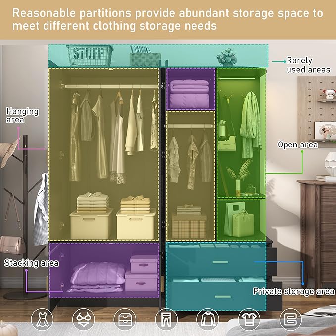 XVD Armoire Wardrobe Closet with Mirror & Sensor Light, Bedroom Armoire with 5 Doors & 2 Drawers, Modern Wooden Large Wardrobe Closet with Shelves, 4 Hooks, 2 Hanging Roods, Open Space, Black
