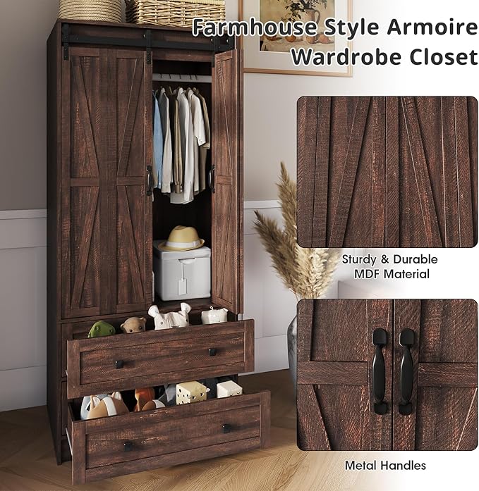 Maupvit Farmhouse Armoire with 2 Folding Sliding Barn Doors and Drawers 70.9" Tall Wooden Bedroom Wardrobe Closet with Spacious Storage Cabinet with Hanging Rod for Bedroom, Dark Brown