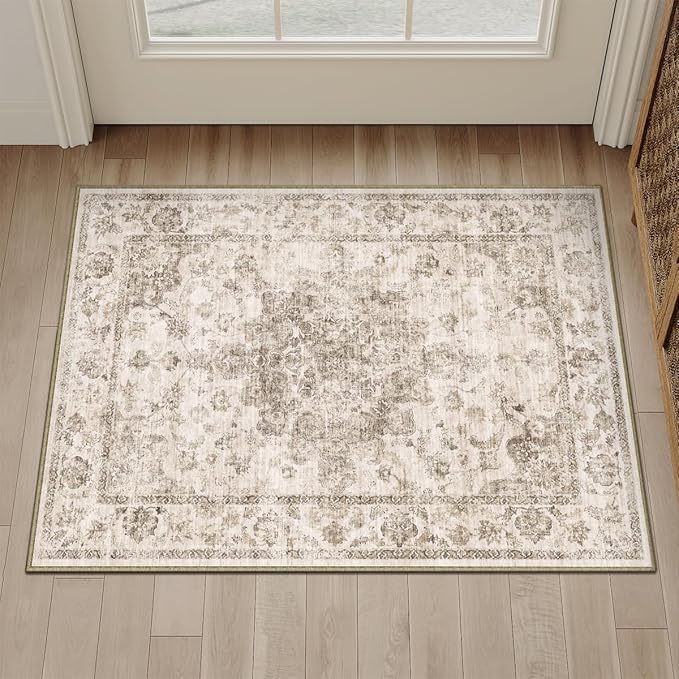 2x3 Washable Neutral Area Rug Brown Vintage Entryway Kitchen Carpet Non-Slip Soft Low Pile Farmhouse Indoor Small Throw Rug for Bedroom Bathroom Entrance