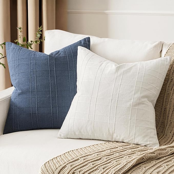 MIULEE Decorative Linen Check Euro Shams Throw Pillow Covers Neutral Farmhouse Vintage Pillow Covers 28x28 Set of 2 Boho Modern Home Decor for Sofa Couch Bedroom Cushion Cream White