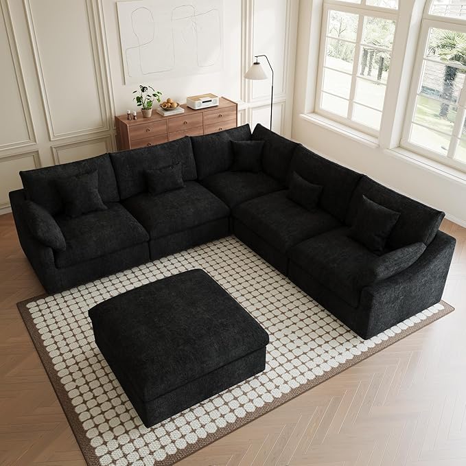 Modular Sectional Sofa Cloud Couch, Oversized 5 Seater Couch with Ottomans, Extra Large V Shaped Sofas Deep Seat Couches for Living Room, Sofa Covers Washable&Removable, Black