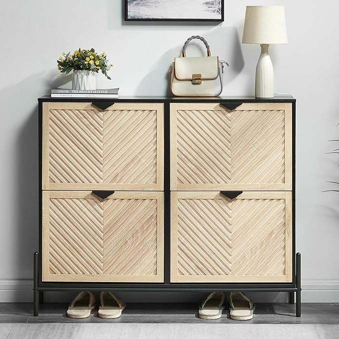 Shoe Cabinet Storage with 4 Flip Drawers, Narrow Hidden Shoes Organizer Cabinet for Entryway, Freestanding Slim Shoe Rack Front Door Entrance(Oak&Black)