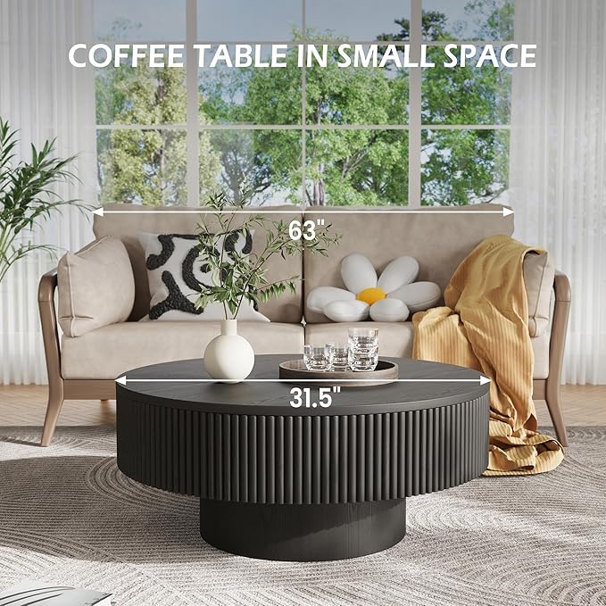 YOUDENOVA 31.5” Round Fluted Coffee Table, Modern Wood Circle Coffee Table, Veneer Handcrafted Relief Tea Table with Sturdy Pedestal for Living Room，Easy Assembly - Black
