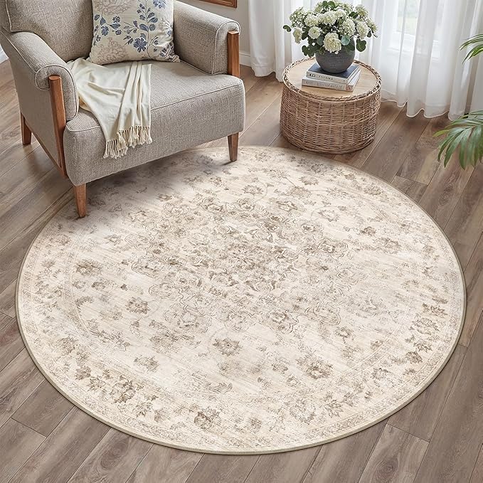4x4 Washable Neutral Round Rug Beige Vintage Entryway Kitchen Cirlce Rug Non-Slip Soft Low Pile Farmhouse Indoor Carpet for Entrance Bathroom Dining Room