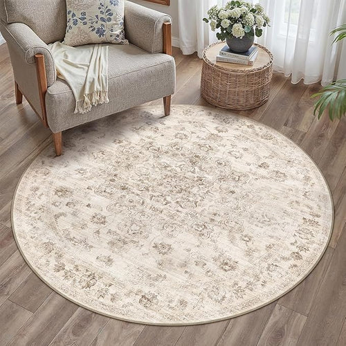 4x4 Washable Neutral Round Rug Beige Vintage Entryway Kitchen Cirlce Rug Non-Slip Soft Low Pile Farmhouse Indoor Carpet for Entrance Bathroom Dining Room