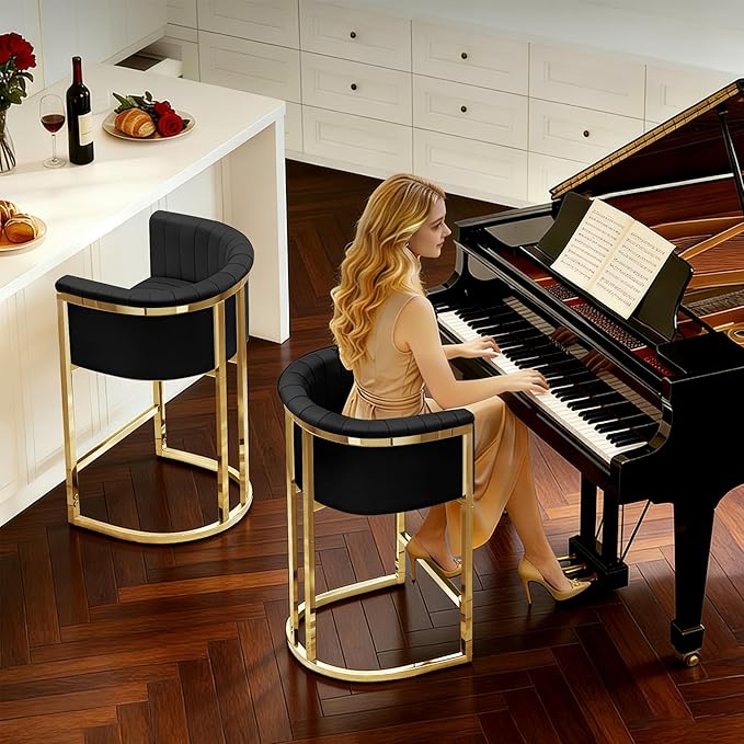 Modern Counter Height Bar Stools,Bar Stools Set of 3,PU Leather Upholstered Barrel Barstools with Backs and Arms,26'' Kitchen Island Chairs,Mirror Champagne Gold Base,Ink Black Leather