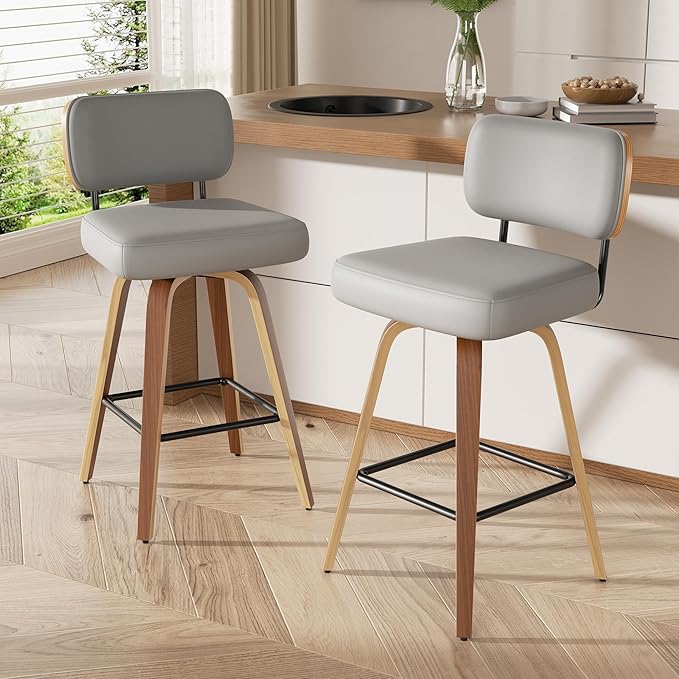 Swivel Bar Stools Set of 2, 26" Upholstered Faux Leather Counter Height Barstools with Walnut Back & Bentwood Legs, Mid Century Modern Bar Chairs Island Stools for Kitchen Counter, Light Grey