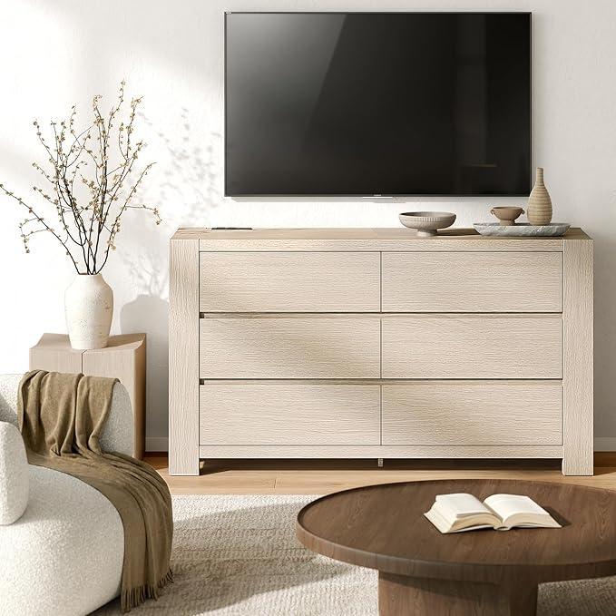 ModernMate 6 Drawer Dresser for Bedroom, 55'' Modern White Oak Chest of Drawers with Charging Station, Wood Bedroom Dresser with Large Storage for Living Room, Entryway, Nursery, Anti-Tipping, Natural