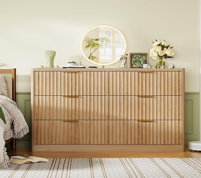 TEENFON Fluted 6 Drawer Dresser for Bedroom, Wide Modern Chest of Drawers with Metal Handle, Curved Profile Design, Wood Closet Clothes Storage Organizer for Bedroom, Hallway, Natural