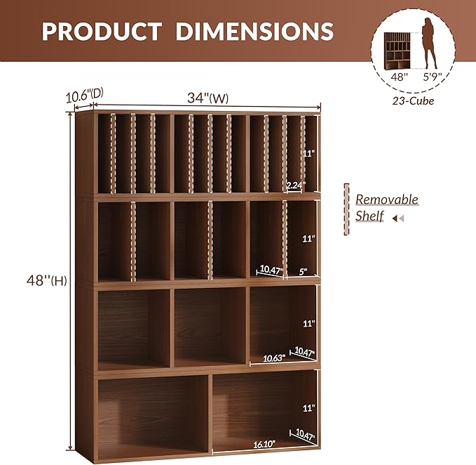 IOTXY DIY Modular Cube Bookcase - CubeXY Customizable Stackable Expandable Combination Set, 23-Cube Open Bookshelf for Books, Fabric Storage Bin, and 7/10-inch Vinyl Record Organizer, Walnut
