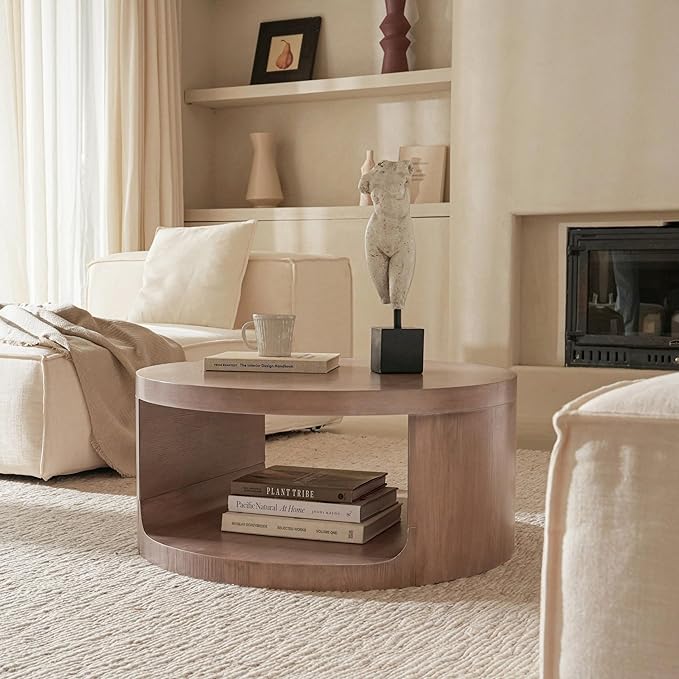 Round Coffee Table with Storage, 31" Modern Living Room Table, 2 Tier Circle Wood Center Tables for Apartment, Living Room, Open-Style Storage Tea Tables, 31"*14.1" (Dusty Pink)