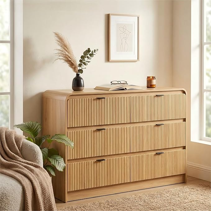FURSUN Fluted 6 Drawers Dresser for Bedroom, 54" Wide Wooden Dresser with Metal Handle, Curved Profile Design, Modern Storage Organizer for Bedroom, Living Room, Hallway, Natural Oak