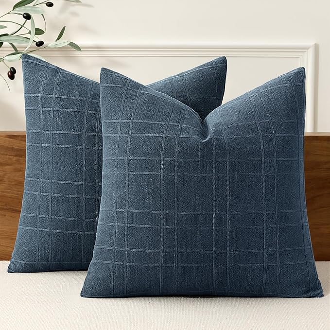 MIULEE Decorative Linen Check Throw Pillow Covers Neutral Farmhouse Vintage Pillow Covers 18x18 Set of 2 Boho Modern Home Decor for Sofa Couch Bedroom Cushion Deep Blue