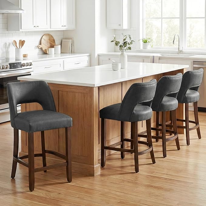 VKNOW 26" Bar Stools Set of 4, Faux Leather Counter Height Bar Stools with Backrest and Rubberwood Legs, Upholstered Barstools for Kitchen Island, Bar and Dining Room, Black