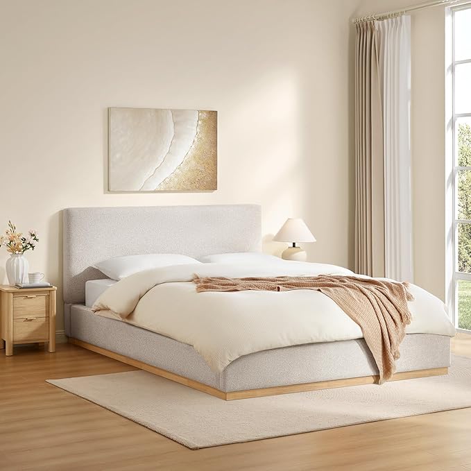 KISLOT Upholstered Queen Size Bed Frame, Boucle Fabric Platform Bed Mattress Foundation Noise-Free No Box Spring Needed Easy Assembly