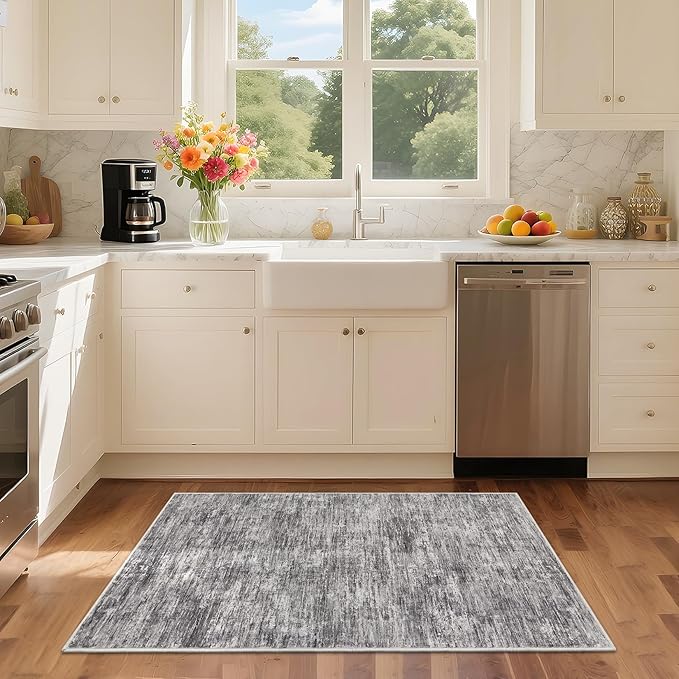 RUGSREAL Small Area Rug 2x3 Entryway Mat with Rubber Backing Stain Resistant Throw Carpet Modern Solid Color Bath Mat Contempowary Washable Rug for Living Room Bedroom Dining Room Kitchen, Ivory/Grey
