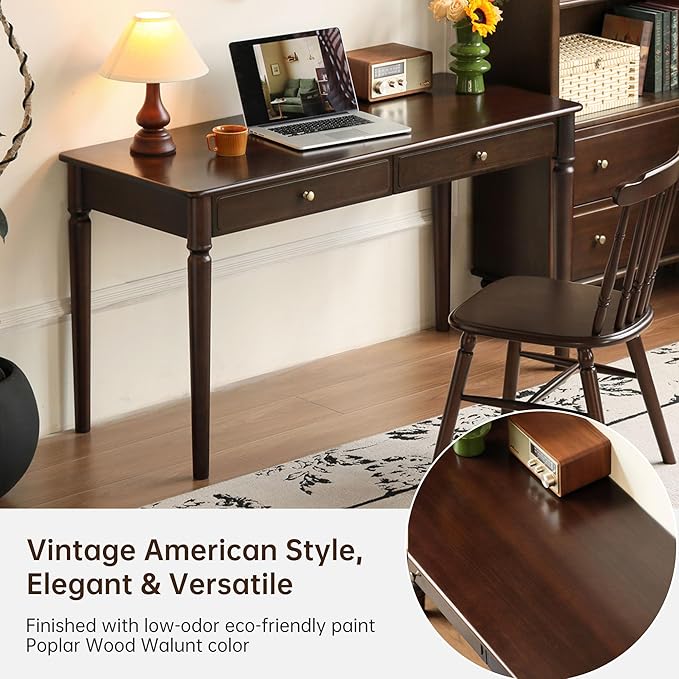 Home Office Desk, Solid Wood Computer Desk, Vintage Mid-Century Modern Writing Desk with for Study Work 55.11" W