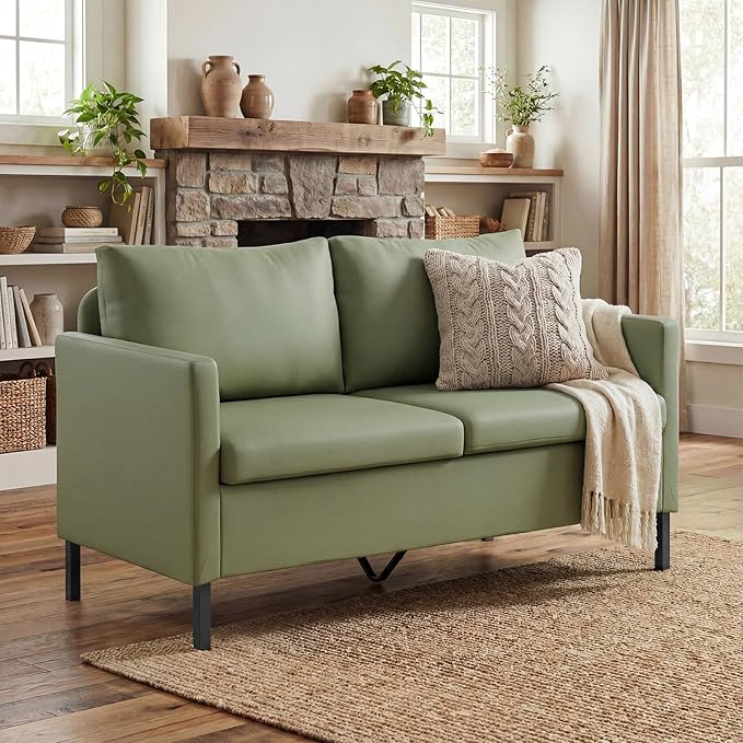 TYBOATLE Faux Leather Modern Small Couches for Small Spaces, Comfy Upholstered Love Seat for Bedroom, 2 Seater Mini Couch for Apartment, Dorm, Office, Green