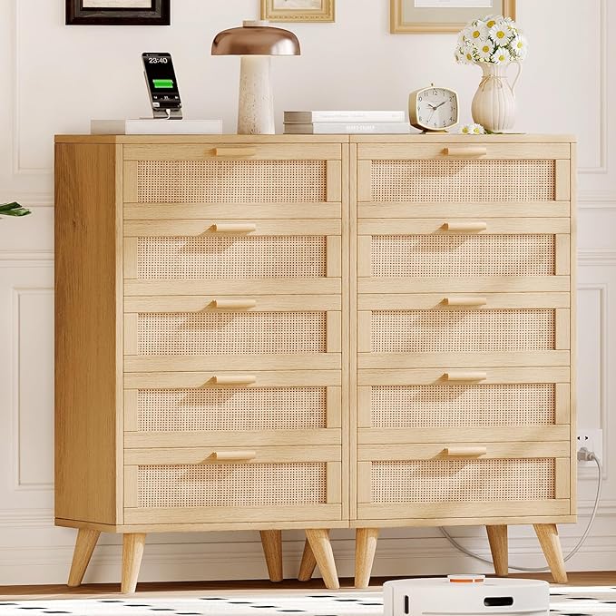 Rovaurx Modern 5 Drawer Dresser for Bedroom, 42.7" Tall Rattan Chest of Dressers with Charging Station, Dresser Chest with Wooden Handles, Beside Table for Closet, Living Room and Entryway, Natural