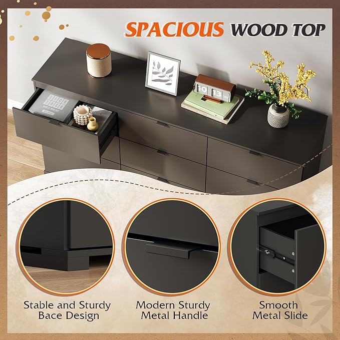 WLIVE 9 Drawer Dresser for Bedroom, 63" Wide Black Drawers Large Wooden Chest of Drawers Organize with Sturdy Metal Handle, Modern Dresser for TV Stand, Living Room Office, Hallway, Ball Bearing Slide